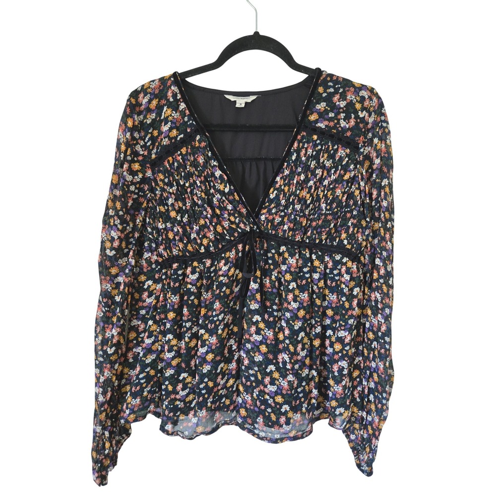 Lucky Brand Womens M Blouse Black Floral Velvet Trim Lace V-Neck Tie Front Top